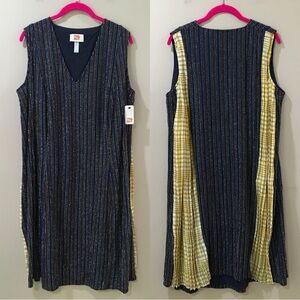 Tamara Malas Tunic Dress Womens 14/16  Blue Yellow Glitter Pleated V Neck New